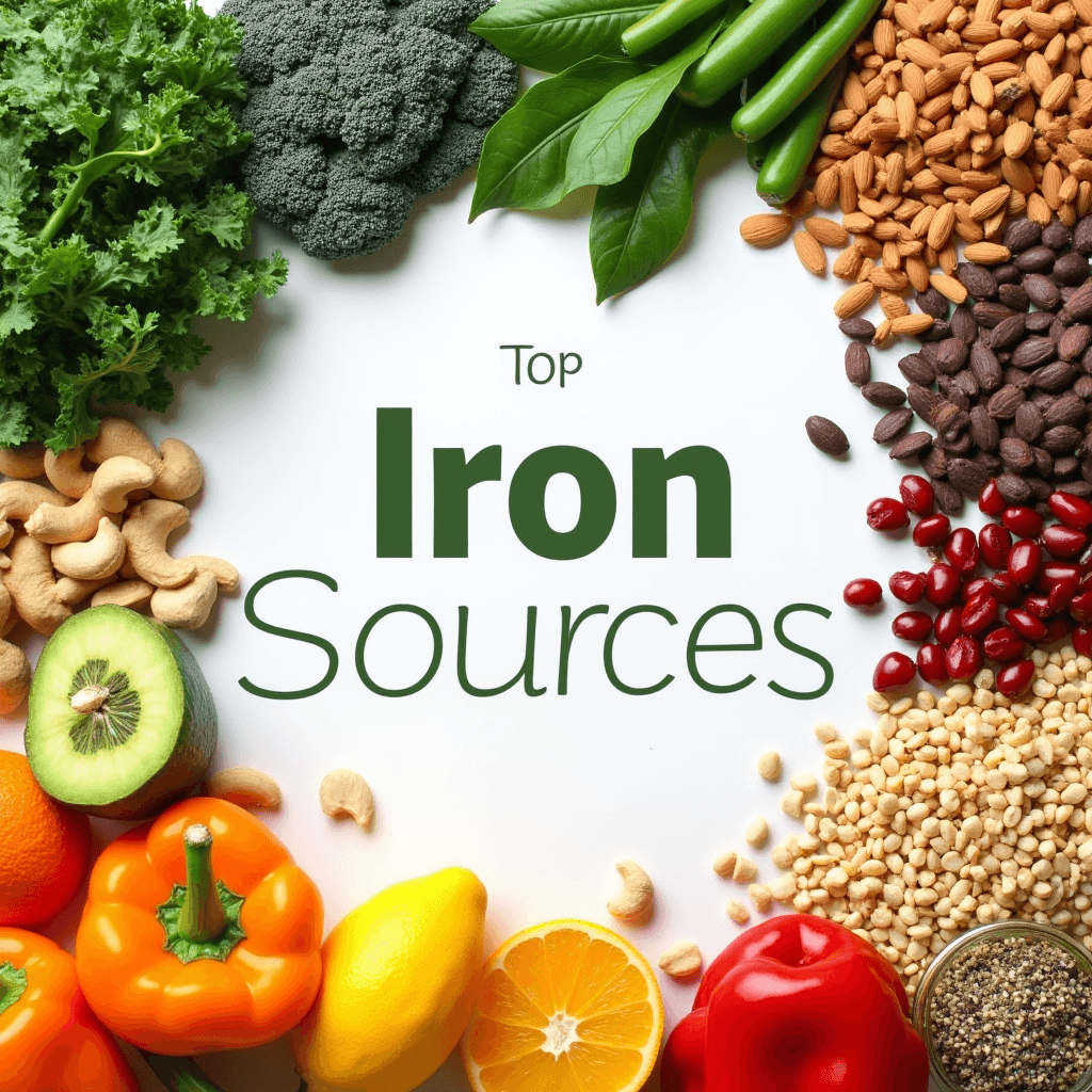 A colorful assortment of top iron sources for vegetarians, featuring leafy greens like spinach and kale, legumes such as lentils and beans, nuts like almonds and cashews, pumpkin seeds, and whole grains like quinoa, displayed alongside vitamin C-rich foods like citrus fruits and bell peppers to enhance iron absorption