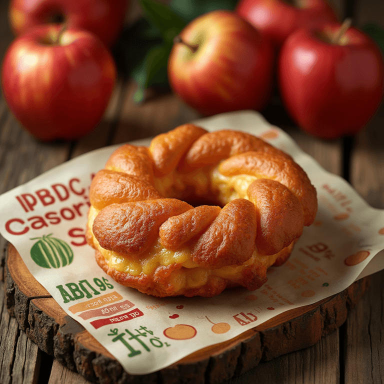 Apple Fritter Nutrition beautifully arranged apple fritter on a rustic wooden table, surrounded by fresh apples, detailed close-up of its crispy exterior and fluffy interior, with an assortment of nutritional elements artistically laid out nearby, such as calorie count, sugar, and fiber represented by colorful illustrations, warm lighting enhancing the textures and colors.