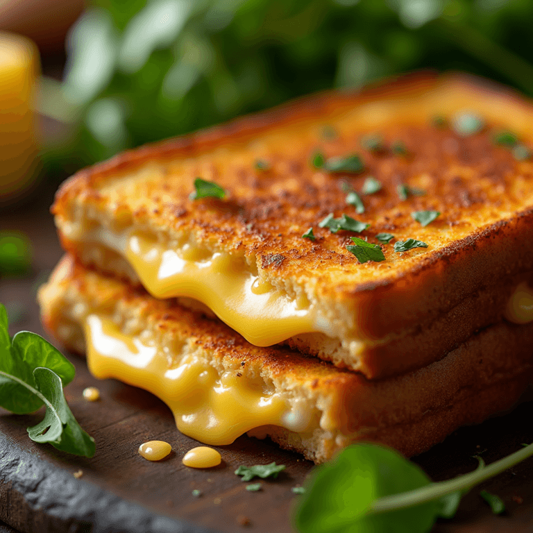 A deliciously toasted Grilled Cheese Nutrition sandwich, oozing with melted cheese, placed on a rustic wooden table, accompanied by a vibrant side of fresh vegetables. The background features a cozy kitchen setting with warm lighting, highlighting the textures of the golden-brown bread and gooey cheese inside. A close-up shot that emphasizes the cheesy pull and crispy crust.