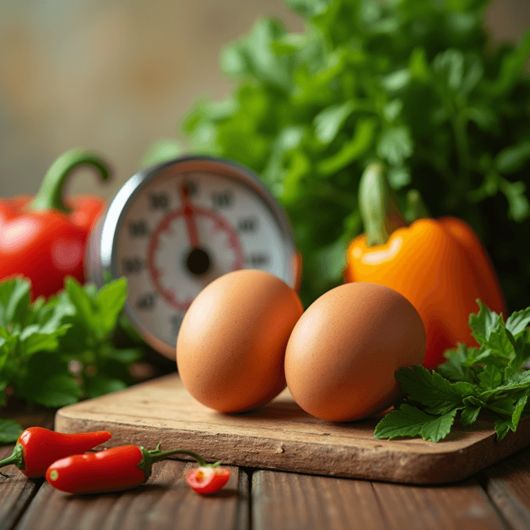 A vibrant and informative still life composition featuring 2 eggs nutrition on a wooden table, surrounded by fresh vegetables and herbs. Include a measuring scale subtly positioned nearby, emphasizing health and nutrition. Soft natural lighting enhances the textures of the eggs, showcasing their shells and yolks. A rich color palette highlights the freshness of the ingredients, with leafy greens and bright peppers adding contrast. The scene evokes a sense of wholesome eating and heart health without any text elements.