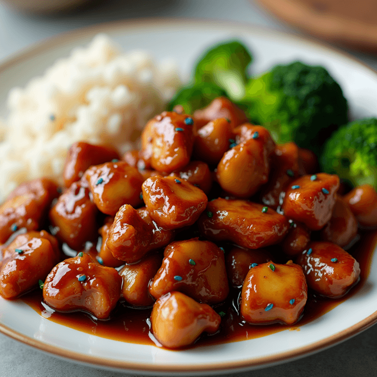 General Tso's Chicken Nutrition colorful and artistic representation of a plate of General Tso's Chicken, showcasing the vibrant orange-red sauce glistening on succulent pieces of chicken, surrounded by steamed broccoli and rice. Include visual elements that symbolize nutrition, such as stylized representations of vitamins and minerals, with icons or small illustrations indicating key nutrients like protein, iron, and vitamin C, all harmoniously integrated into the composition. Use a warm color palette to evoke a sense of flavor and richness.